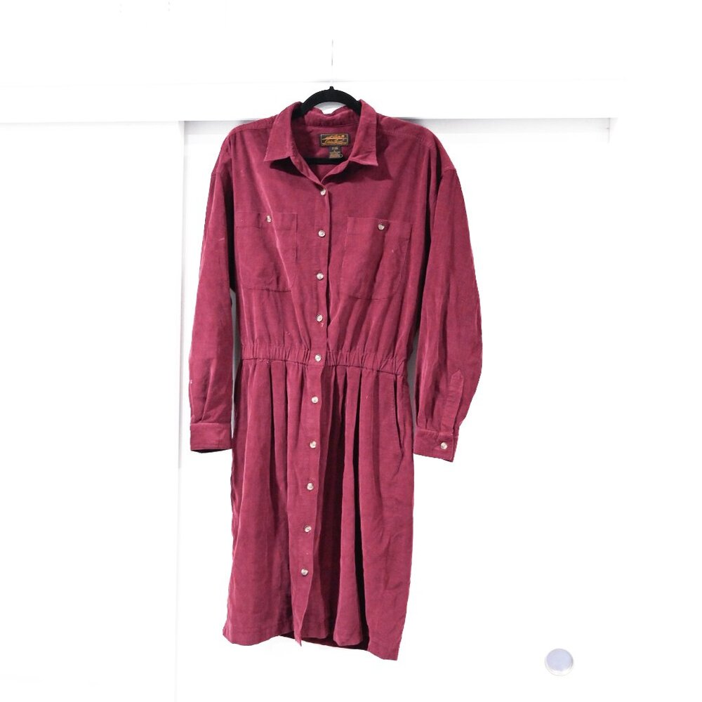 Eddie Bauer Size Large Vintage Corduroy Maroon Prairie Midi Dress - Picture 2 of 8